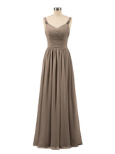 Pleated Chiffon Bodice Long Gown with Straps Taupe
