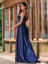 Spaghetti Straps Sheer Top with Beaded Thigh-Slit Slim-Fitting Long Gown Dark Navy