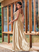 Spaghetti Straps Sheer Top with Beaded Thigh-Slit Slim-Fitting Long Gown Champagne