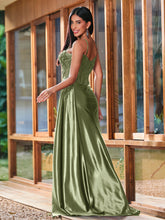 Spaghetti Straps Sheer Top with Beaded Thigh-Slit Slim-Fitting Long Gown Dusty Sage