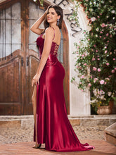 Elegant V-neck Spaghetti Straps Stretch Satin Dresses With Side Slit Burgundy