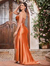 Elegant V-neck Spaghetti Straps Stretch Satin Dresses With Side Slit Burnt Orange