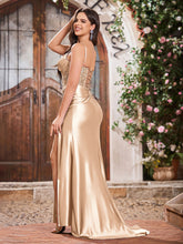 Elegant V-neck Spaghetti Straps Stretch Satin Dresses With Side Slit Champagne