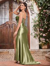 Elegant V-neck Spaghetti Straps Stretch Satin Dresses With Side Slit Dusty Sage