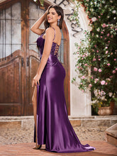 Elegant V-neck Spaghetti Straps Stretch Satin Dresses With Side Slit Grape