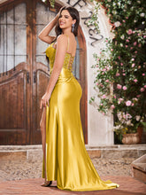 Elegant V-neck Spaghetti Straps Stretch Satin Dresses With Side Slit Marigold