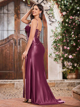Elegant V-neck Spaghetti Straps Stretch Satin Dresses With Side Slit Mulberry