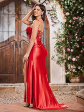 Elegant V-neck Spaghetti Straps Stretch Satin Dresses With Side Slit Red