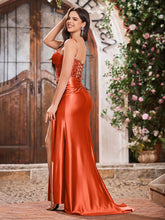 Elegant V-neck Spaghetti Straps Stretch Satin Dresses With Side Slit Rust