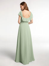 Square Neck Long Chiffon Dress with Front Slit Dusty Sage