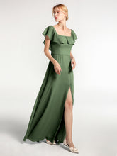 Square Neck Long Chiffon Dress with Front Slit Olive Green Plus Size