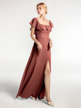 Square Neck Long Chiffon Dress with Front Slit Terracotta