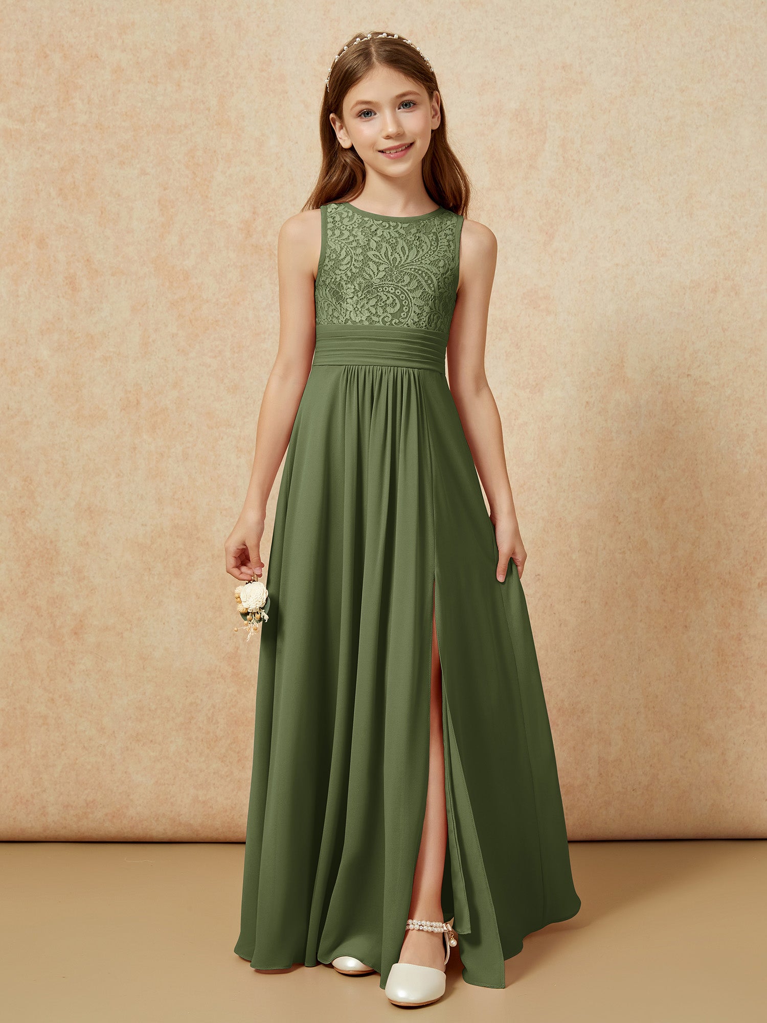 Flowy Chiffon A-Line Long Junior Bridesmaid Dresses Olive Green