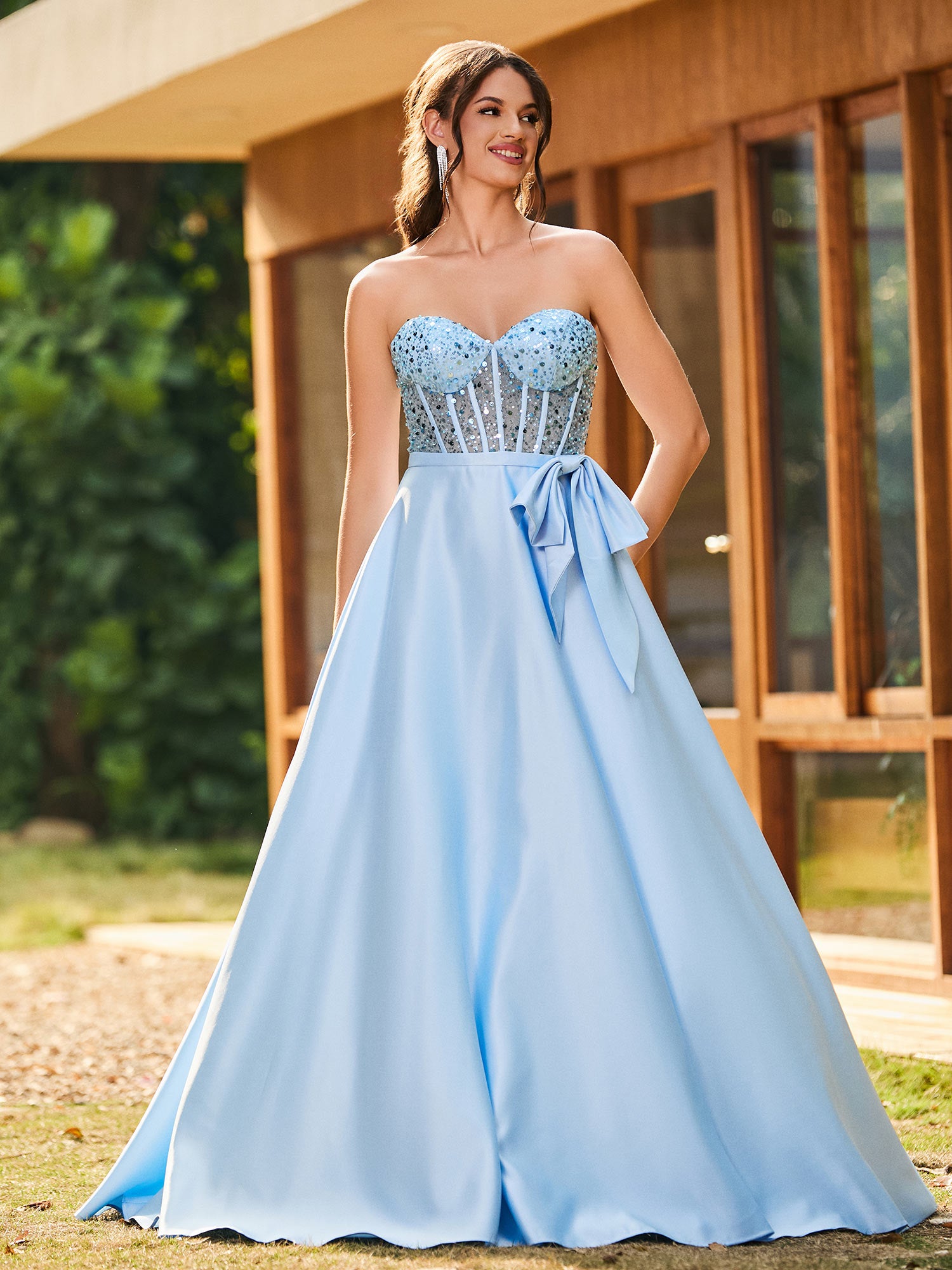 BABARONI 2025 Strapless Sequin Corset Satin Maxi Prom Dress Sky Blue