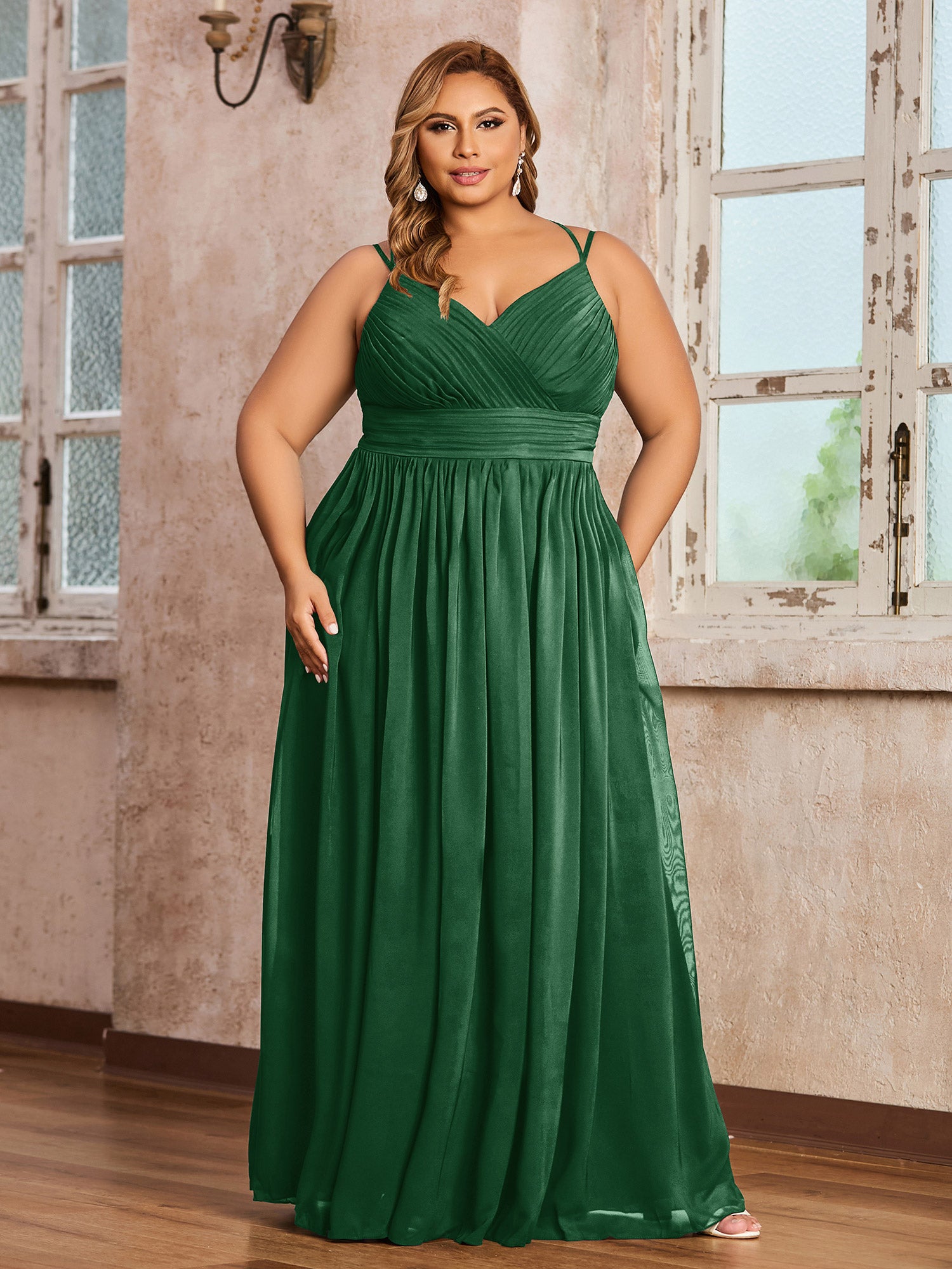 Spaghetti Strap Lace and Chiffon Dresses Dark Green Plus Size