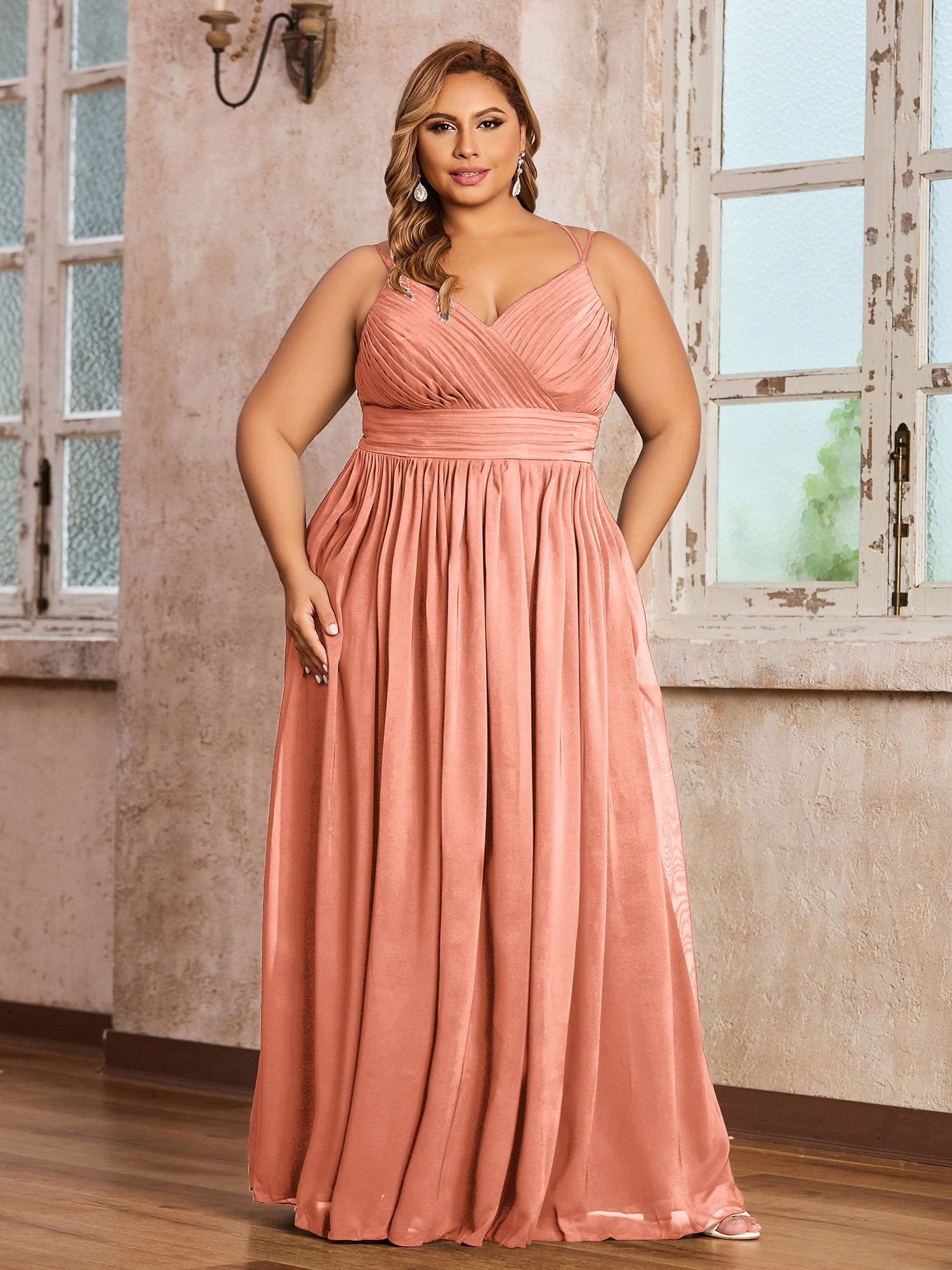 Long Spaghetti Strap Chiffon Bridesmaid Dress Papaya Plus Size
