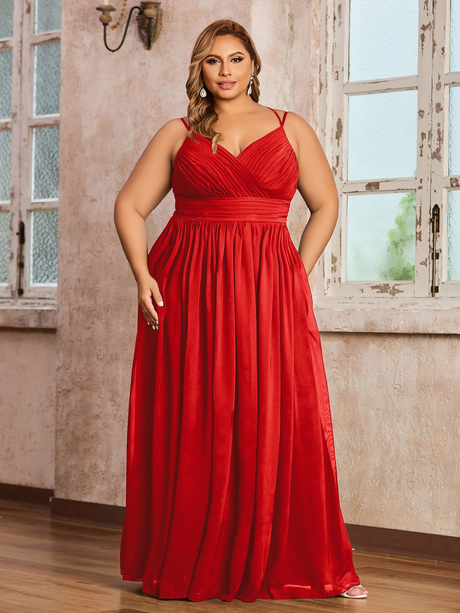 fitted lace wedding dress Red Plus Size Chiffon Bridesmaid Dress - Sweetheart Neck Spaghetti Strap Maxi Gown