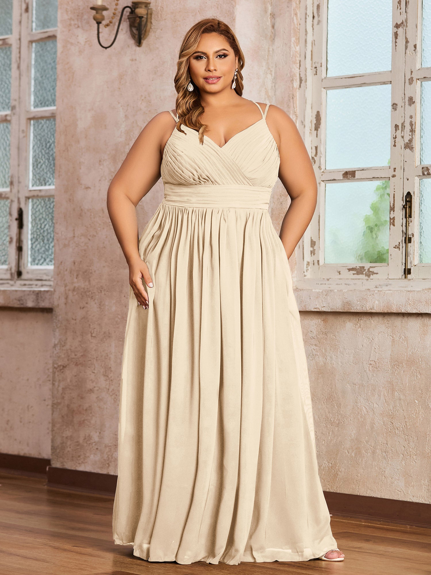 Plus Size Champagne Chiffon Bridesmaid Dress - Sweetheart Neck Spaghetti Strap Maxi Gown