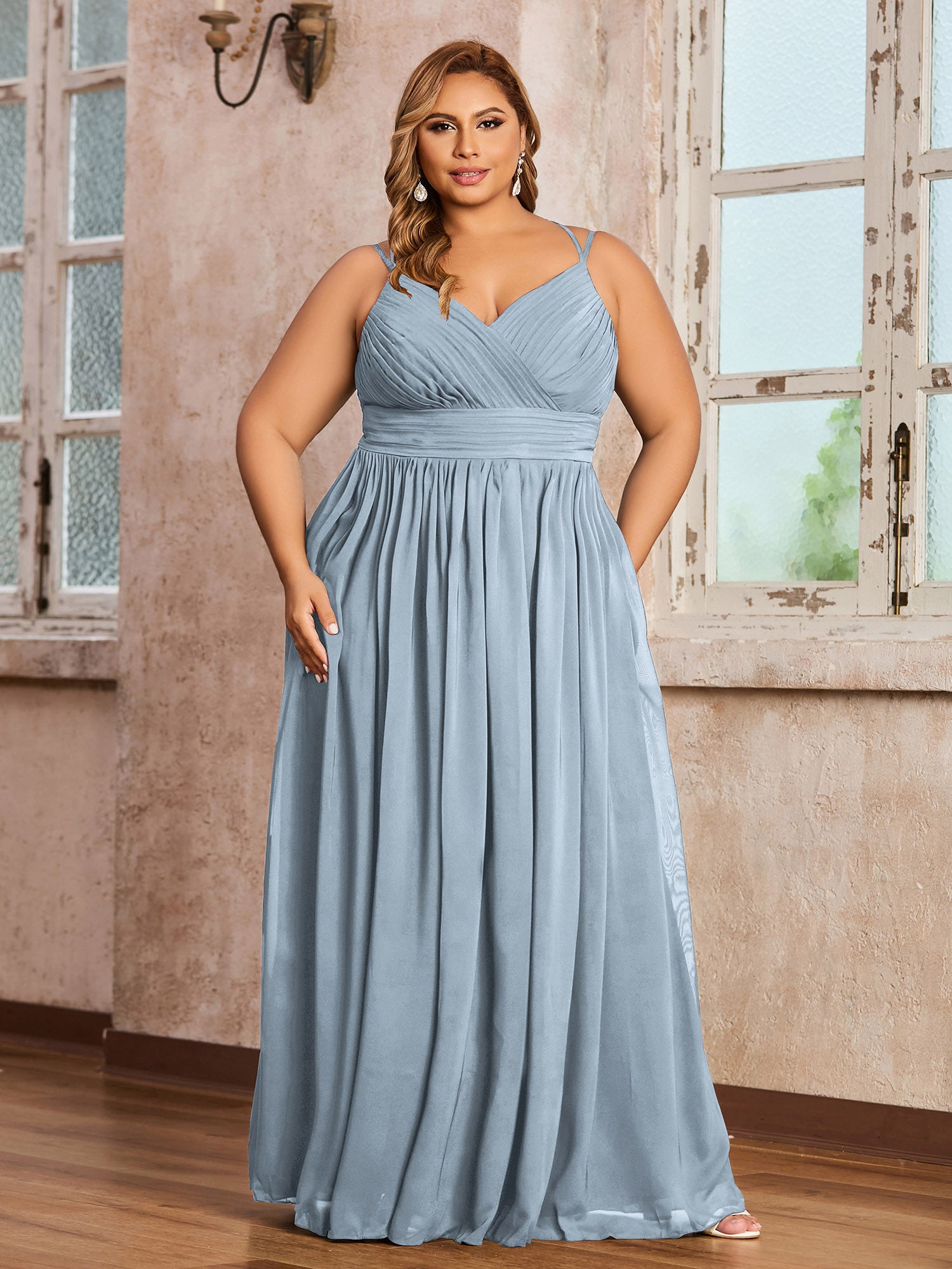 BABARONI Chiffon Dusty Blue Bridesmaid Dresses Sweetheart Floor-length