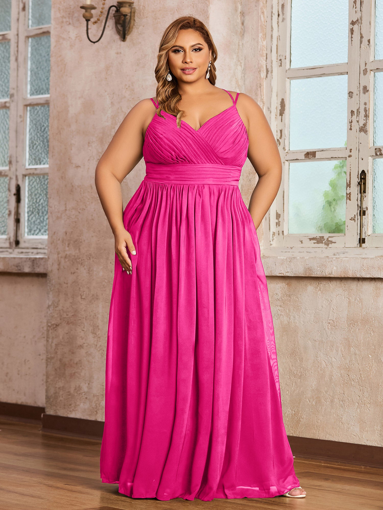 Strapless Short Chiffon Gonws with Sweetheart Fuchsia Plus Size