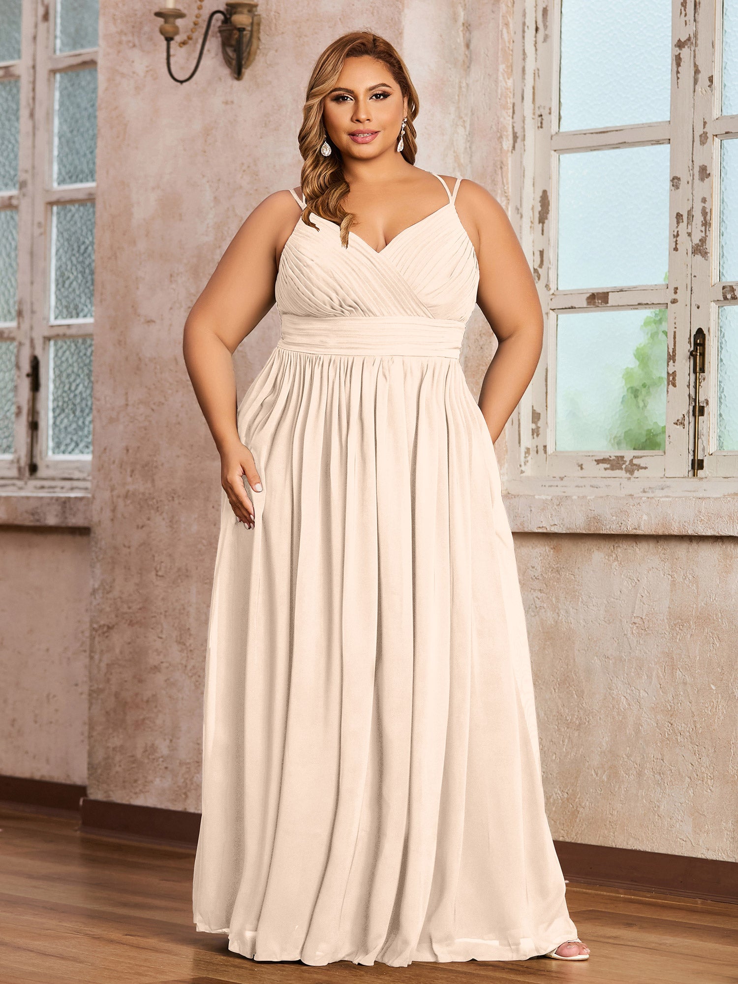 Peach Plus Size Chiffon Bridesmaid Dress - Sweetheart Neck Spaghetti Strap Maxi Gown