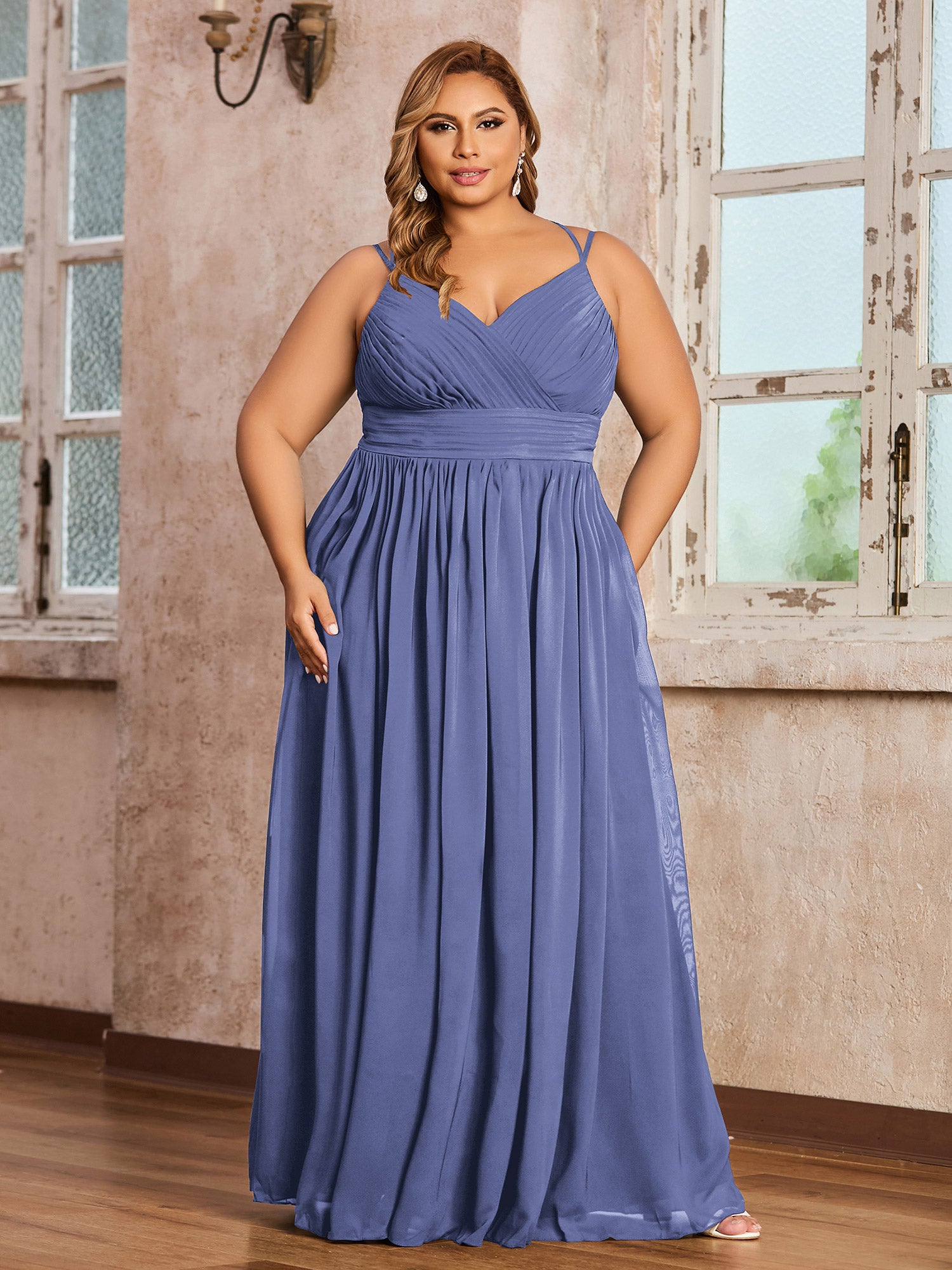 Spaghetti Strap V-neck Chiffon Dresses Periwinkle Plus Size main image 0