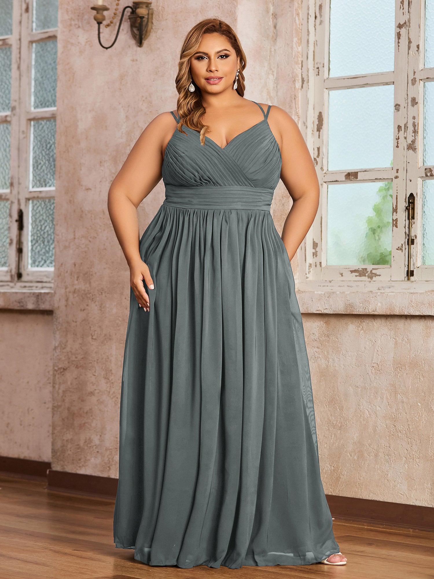 Steel Grey Plus Size Chiffon Bridesmaid Dress - Sweetheart Neck Spaghetti Strap Maxi Gown