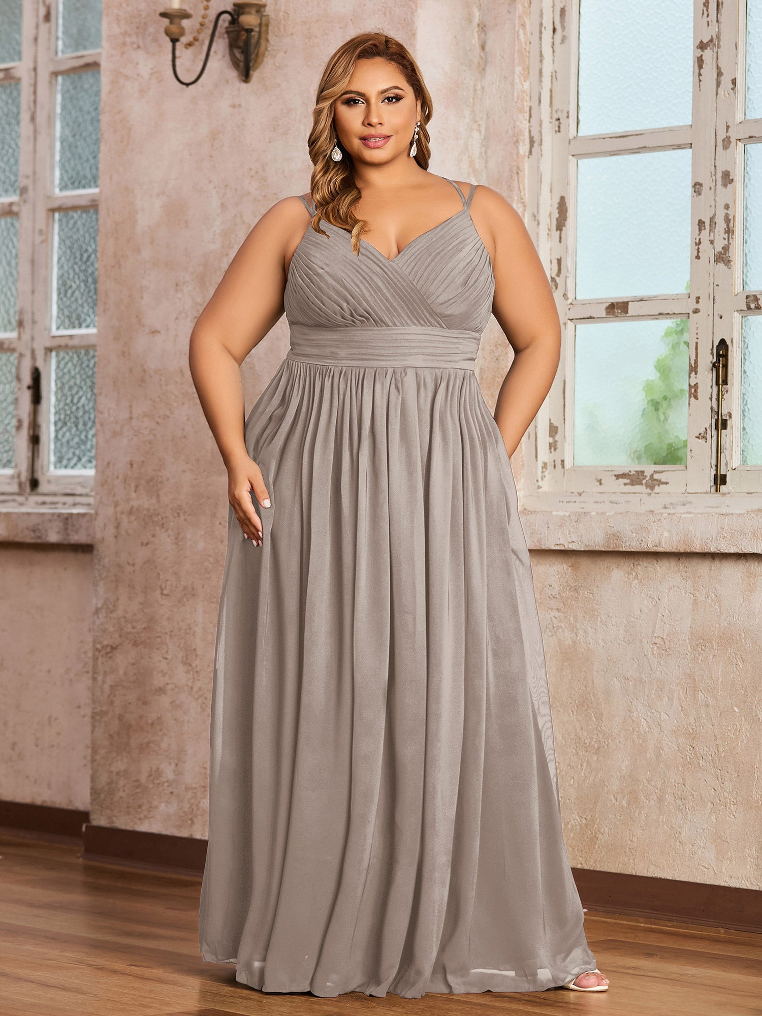 Double Straps Chiffon Dress with Sweetheart Neck Daffodil Plus Size main image 0