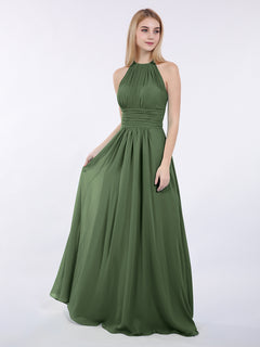 Halter Chiffon Maxi Dress of Bridesmaid Olive Green