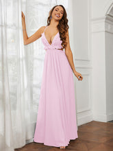Spaghetti Strap Ruffled Chiffon Cutout Maxi Sexy Dress Blushing Pink