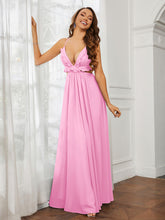 Spaghetti Strap Ruffled Chiffon Cutout Maxi Sexy Dress Candy Pink