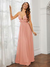 Spaghetti Strap Ruffled Chiffon Cutout Maxi Sexy Dress Coral