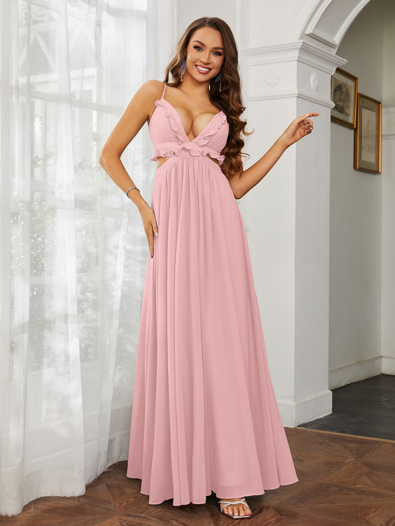 Long Chiffon Spaghetti Strap Dresses Dusty Rose