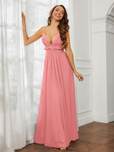 Spaghetti Strap Ruffled Chiffon Cutout Maxi Sexy Dress Flamingo