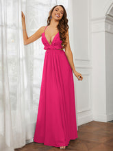 Spaghetti Strap Ruffled Chiffon Cutout Maxi Sexy Dress Fuchsia