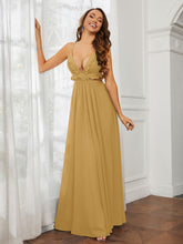 Spaghetti Strap Ruffled Chiffon Cutout Maxi Sexy Dress Gold