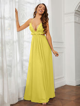 Spaghetti Strap Ruffled Chiffon Cutout Maxi Sexy Dress Lemon