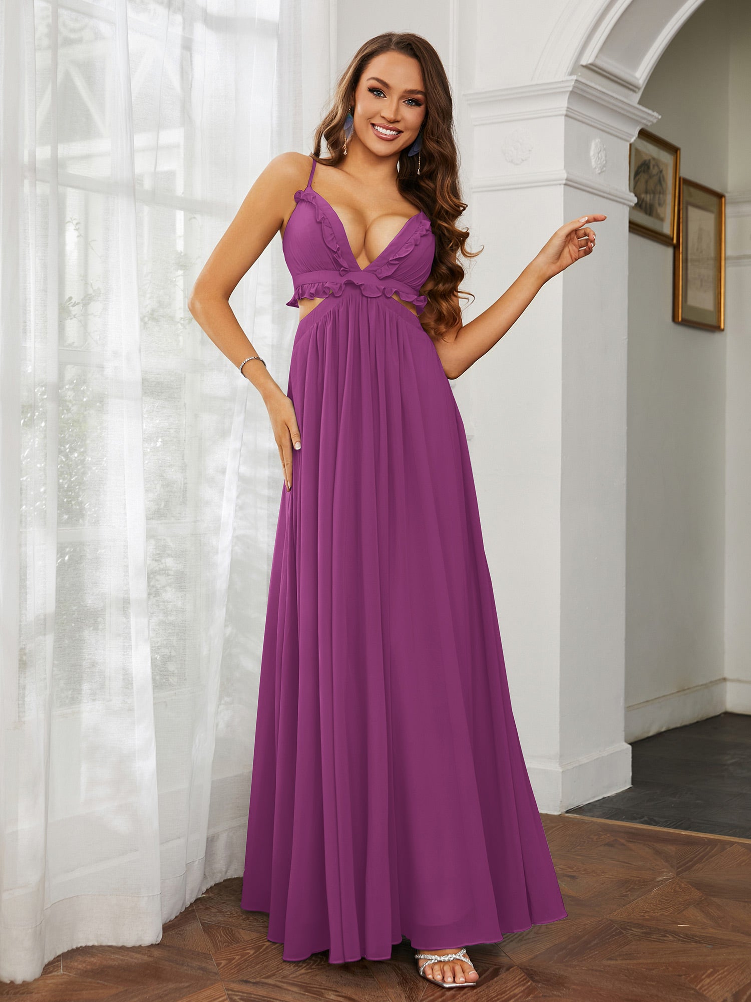 Chiffon Gown with Spaghetti Straps and Cascade Skirt Orchid main image 0