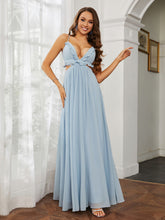 Spaghetti Strap Ruffled Chiffon Cutout Maxi Sexy Dress Sky Blue