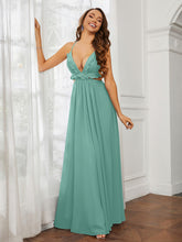 Spaghetti Strap Ruffled Chiffon Cutout Maxi Sexy Dress Turquoise