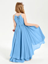 Chiffon Junior Bridesmaid Dresses Asymmetrical Cascading Skirt Blue