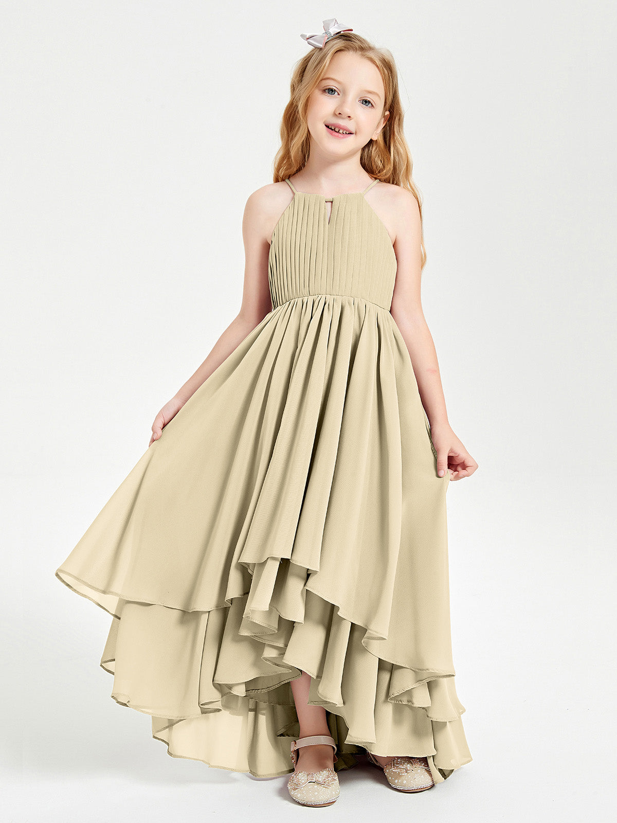 Halter Neckline Chiffon Junior Bridesmaid Dresses Champagne