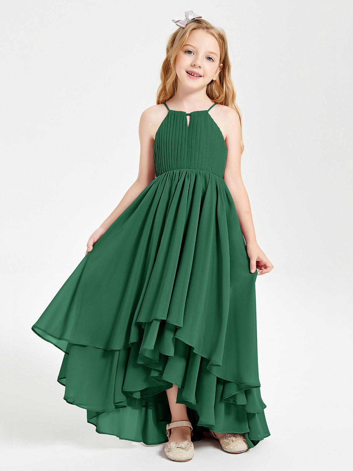 BABARONI Chiffon Junior Bridesmaid Dresses Asymmetrical Cascading Skirt Dark Green, Dark Green / J4 BABARONI Chiffon Junior Bridesmaid Dresses Asymmetrical Cascading Skirt Dark Green, Dark Green / J4