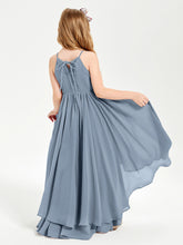 Chiffon Junior Bridesmaid Dresses Asymmetrical Cascading Skirt Dusty Blue