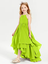 Chiffon Junior Bridesmaid Dresses Asymmetrical Cascading Skirt Lime Green
