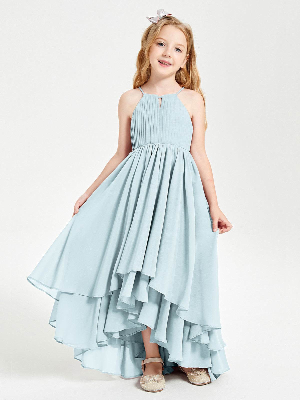 BABARONI Chiffon Junior Bridesmaid Dresses Asymmetrical Cascading Skirt Mist, Mist / J4