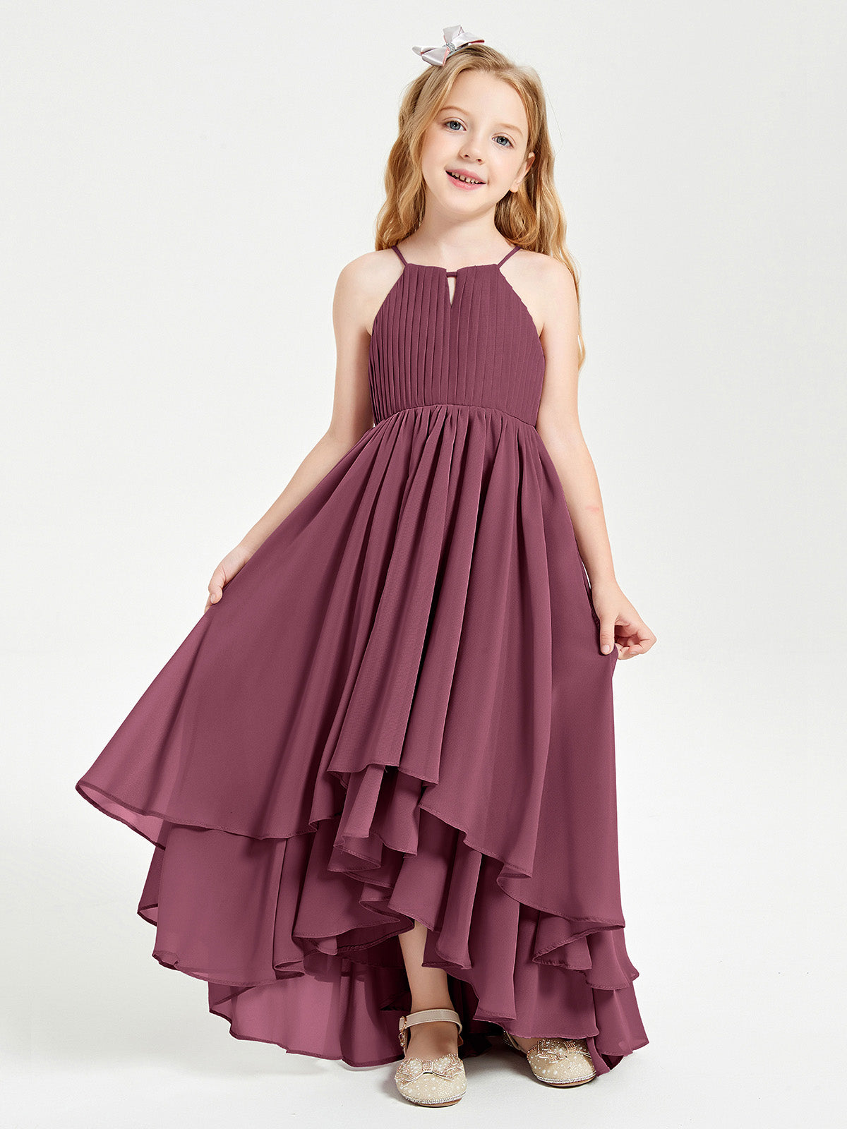 Cute V-neck Spaghetti Straps Floor-length Junior Bridesmaid Dresses Mulberry