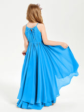 Chiffon Junior Bridesmaid Dresses Asymmetrical Cascading Skirt Ocean Blue