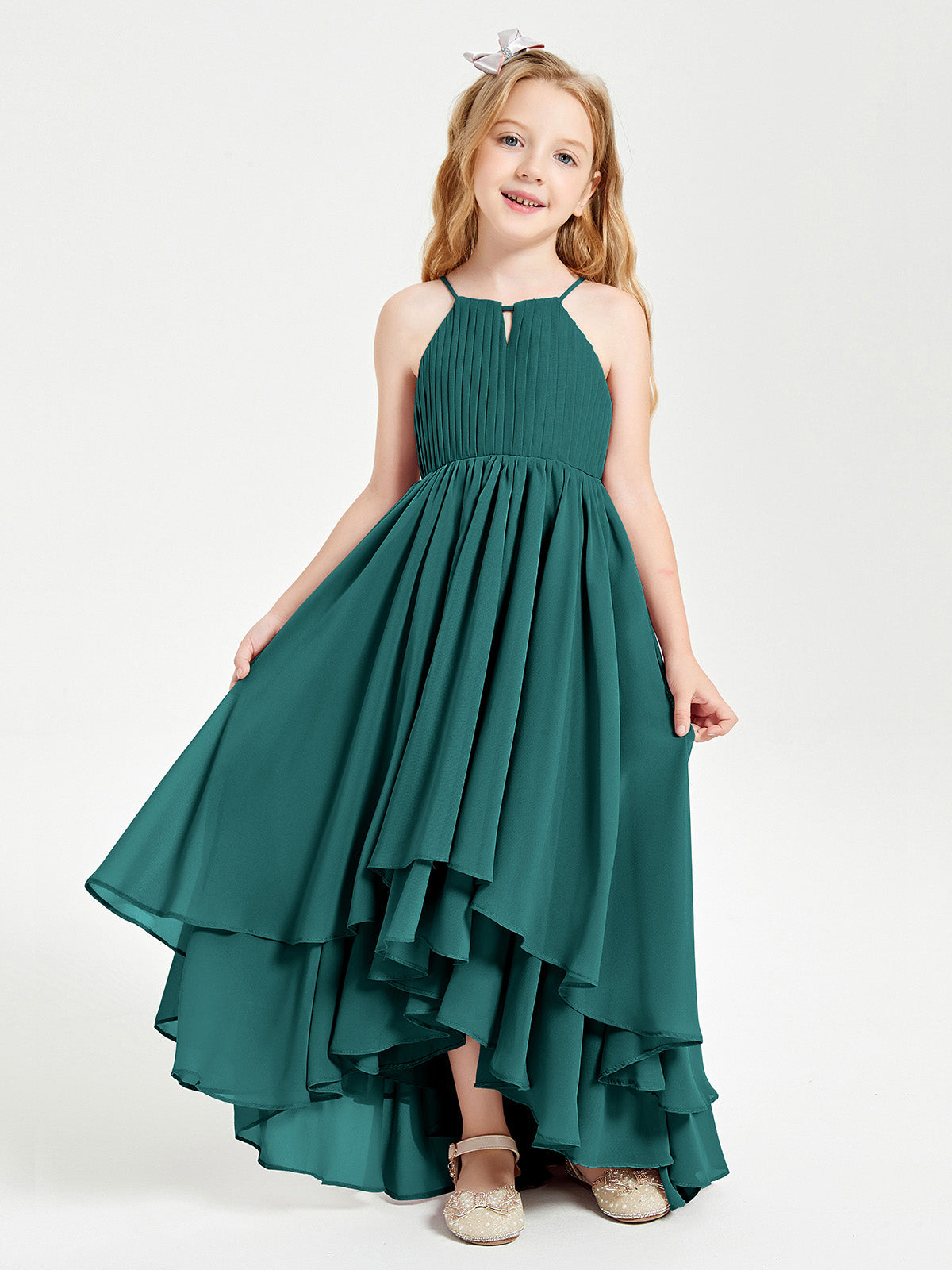 A-line Sleeveless Halter Chiffon Junior Bridesmaid Dress Peacock