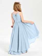 Chiffon Junior Bridesmaid Dresses Asymmetrical Cascading Skirt Sky Blue